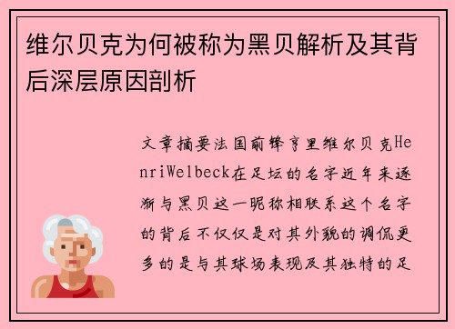 维尔贝克为何被称为黑贝解析及其背后深层原因剖析