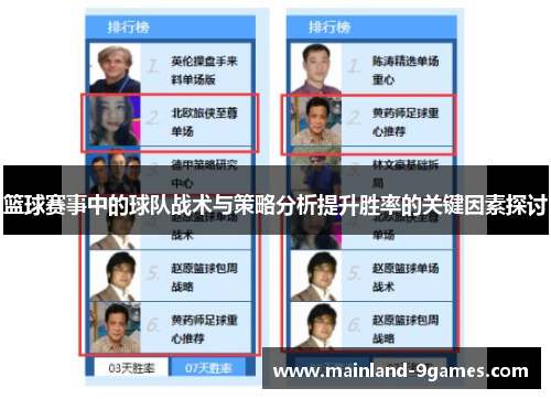 篮球赛事中的球队战术与策略分析提升胜率的关键因素探讨