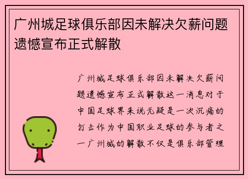 广州城足球俱乐部因未解决欠薪问题遗憾宣布正式解散 广州城足球俱乐部因未解决欠薪问题遗憾宣布正式解散