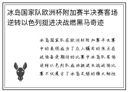冰岛国家队欧洲杯附加赛半决赛客场逆转以色列挺进决战燃黑马奇迹