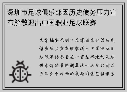 深圳市足球俱乐部因历史债务压力宣布解散退出中国职业足球联赛